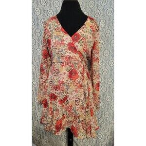 Altard State Mirella Red Floral Boho Tiered Ruffle Dress Women's M Chiffon